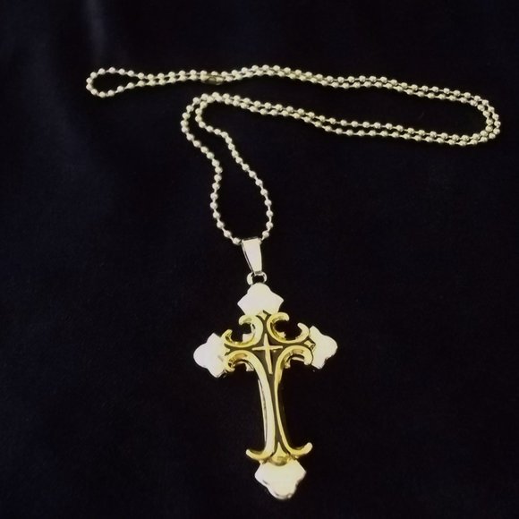 *5/35* New Stainless Steel Black and Gold Tone  Fancy Cross Necklace - Picture 2 of 4